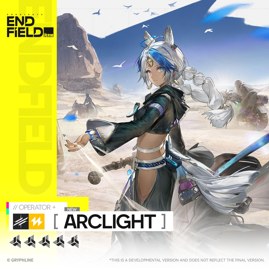 Arknights Endfield character facing a mech in a snowy battlefield scene.